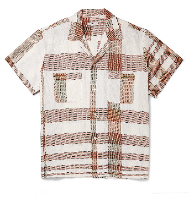 Photo: BODE - Camp-Collar Checked Embroidered Linen and Cotton-Blend Shirt - Neutrals
