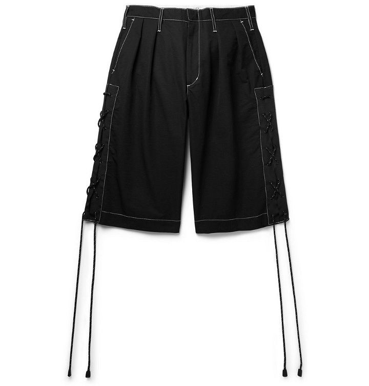Photo: Flagstuff - Wide-Leg Pleated Webbing-Trimmed Cotton-Blend Shorts - Black
