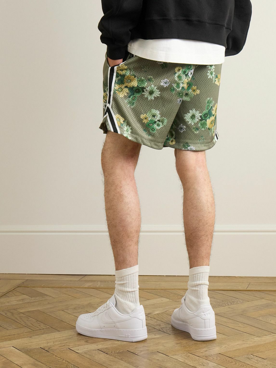 John Elliott - Rivalry Straight-Leg Webbing-Trimmed Floral-Print Mesh Shorts - Green