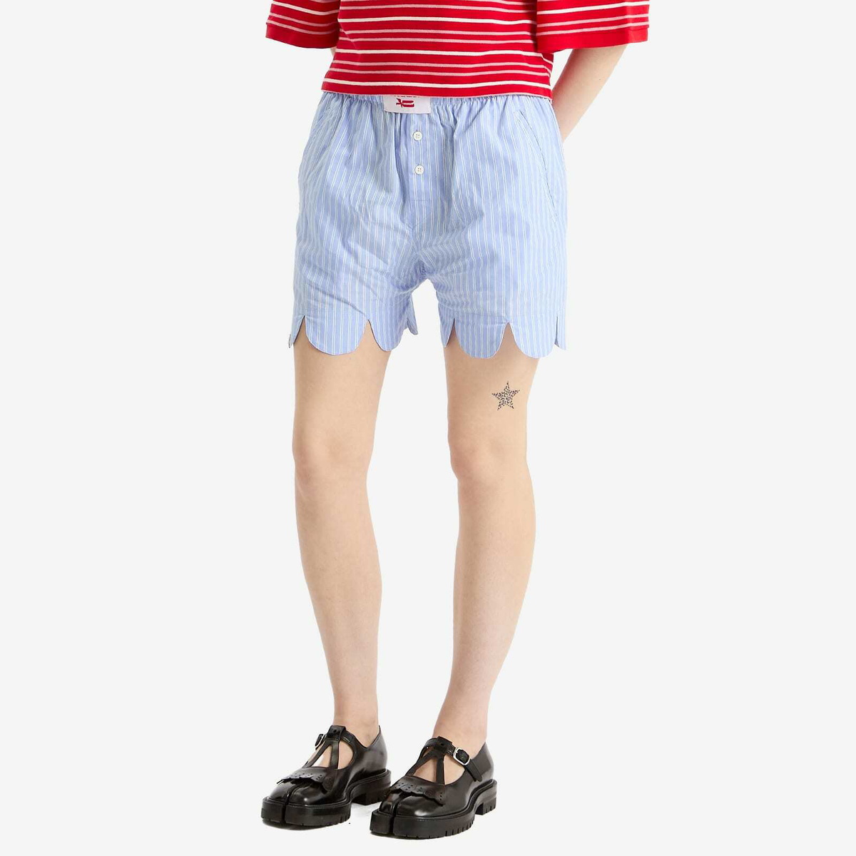 Charles Jeffrey Loverboy Women's Scalloped Boxer Shorts in Blue Stripe Shirting