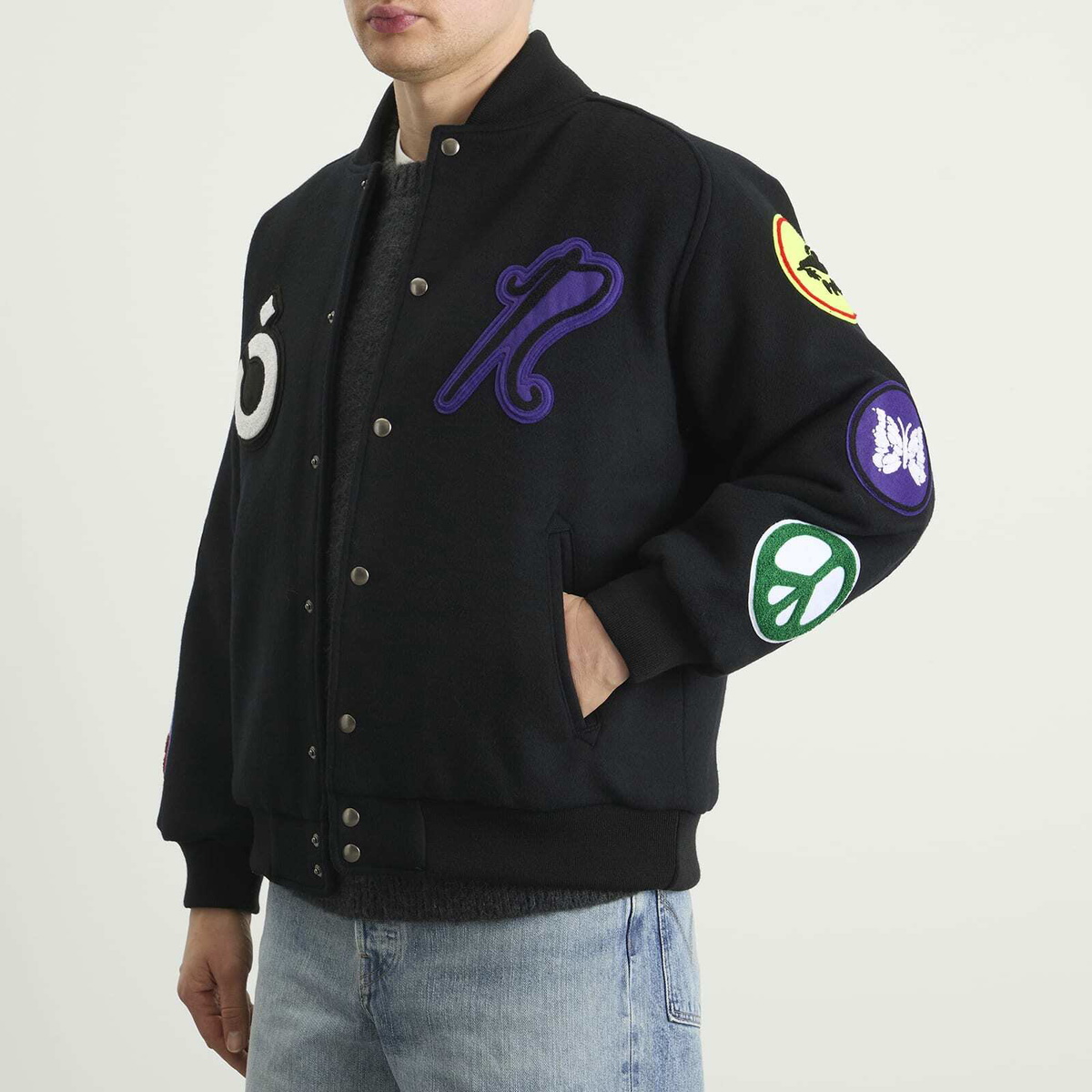 NOMARHYTHM TEXTILE Men's x Needles Patch Varsity Jacket in Black X Mix