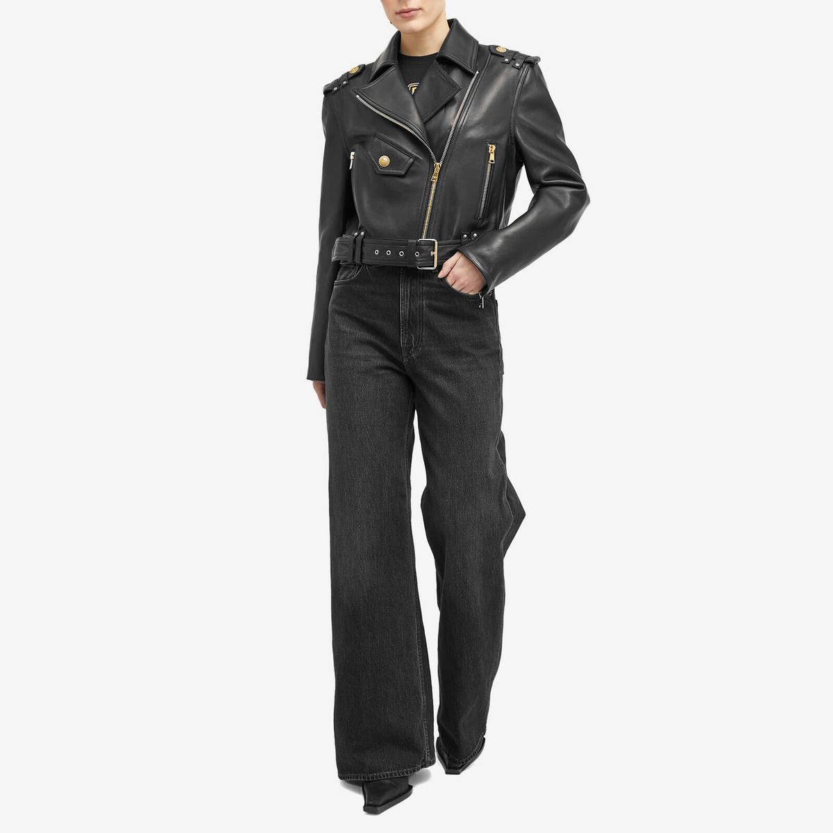 Balmain Women's Cropped Leather Biker Jacket in Black