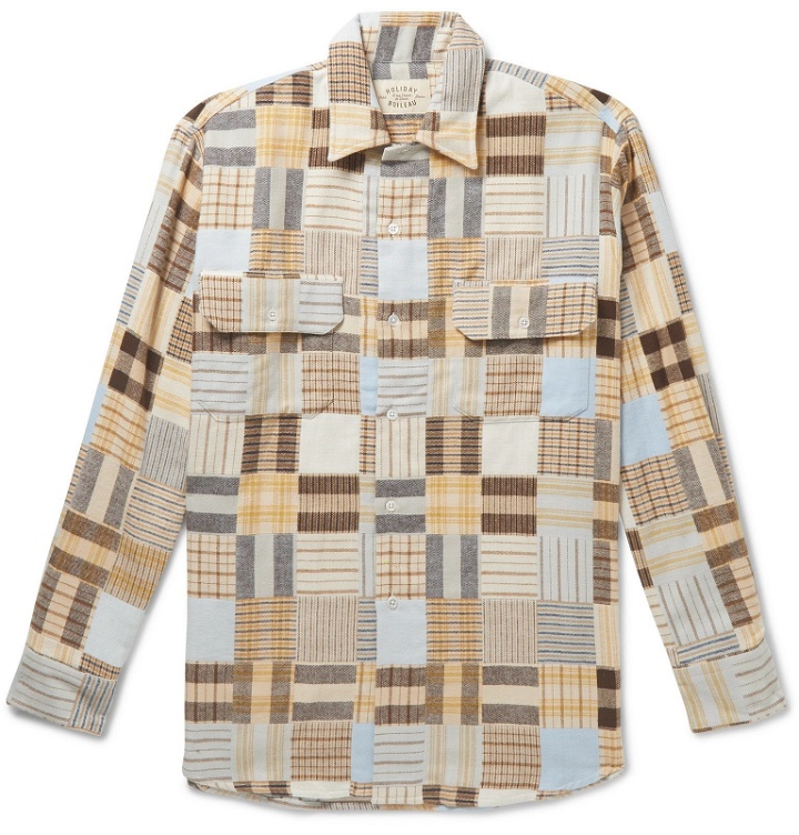 Photo: Holiday Boileau - Patchwork Checked Cotton-Flannel Shirt - Neutrals