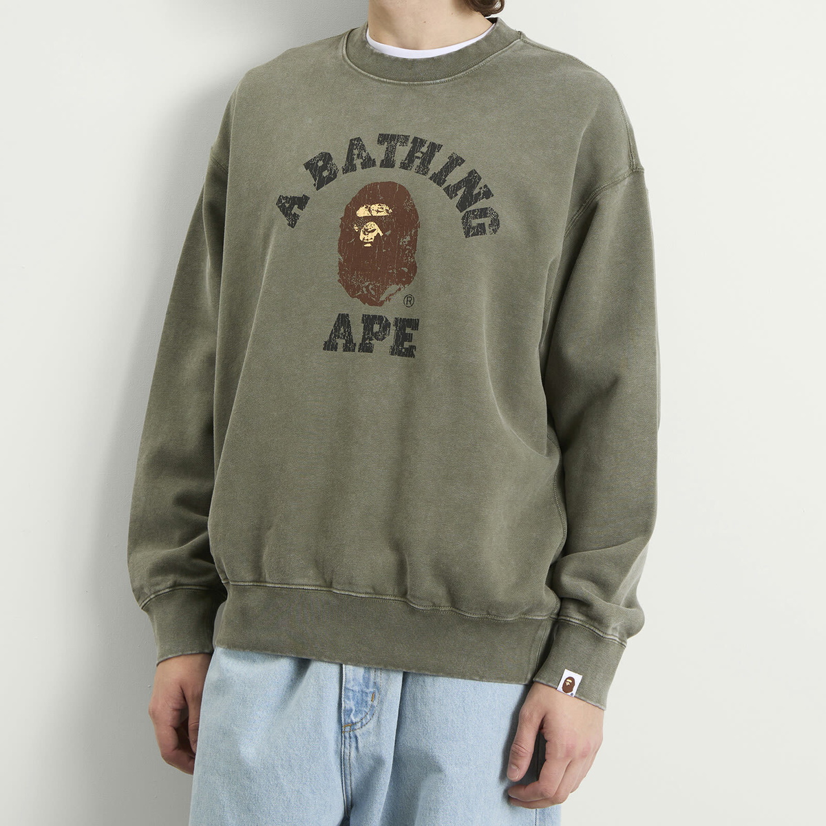 A Bathing Ape Men's Garment Dye College Sweatshirt in Olive Drab