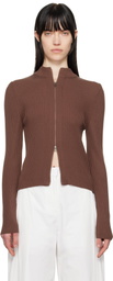 AMOMENTO Brown Ribbed Mock Neck Cardigan