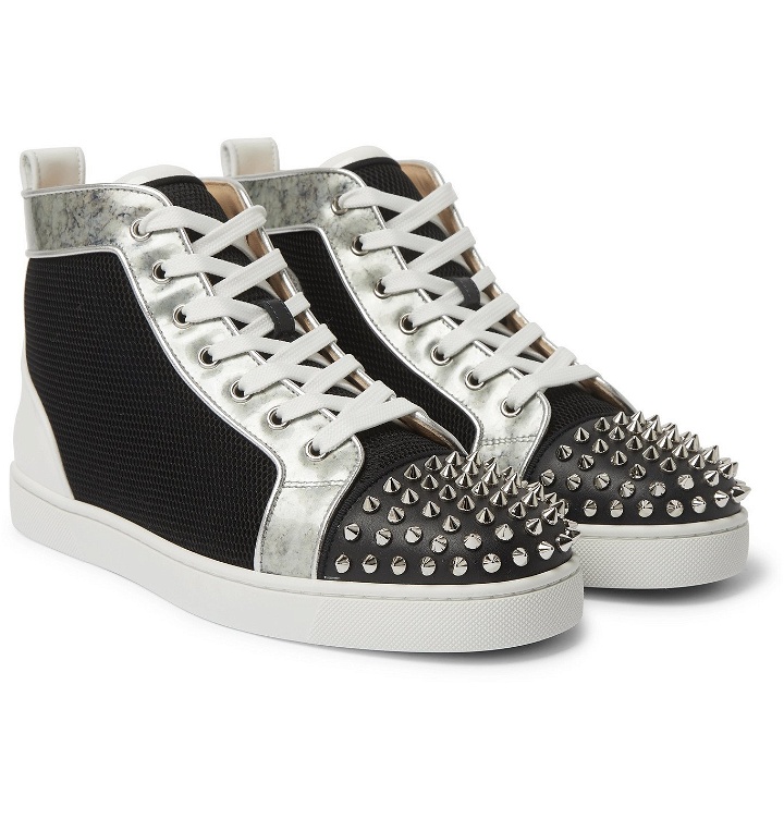 Photo: CHRISTIAN LOUBOUTIN - Louis Spiked Leather and Mesh High-Top Sneakers - Black