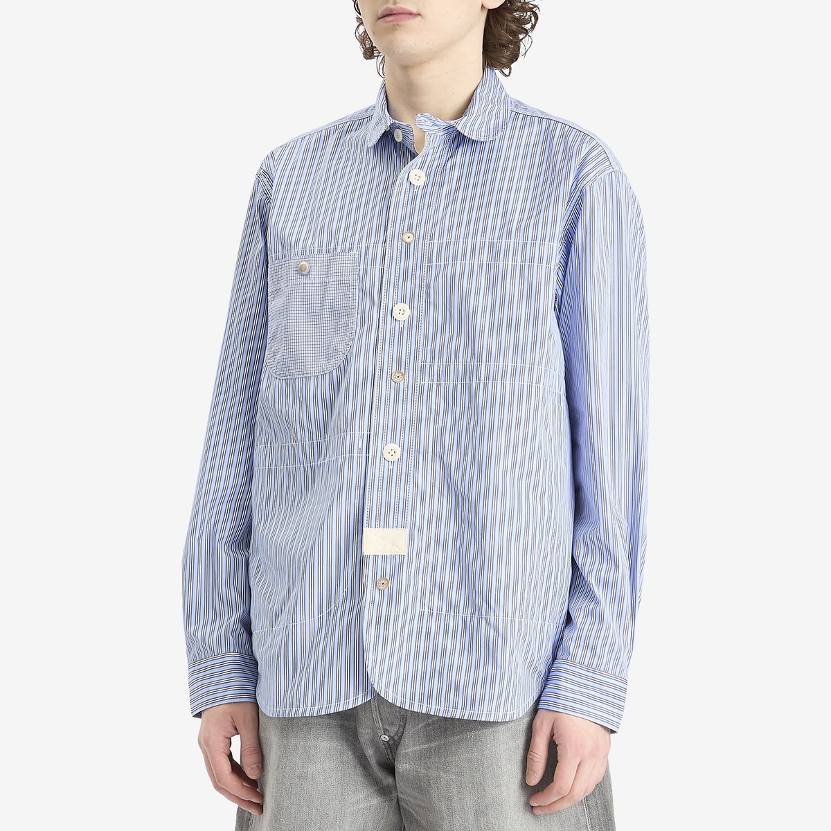 Junya Watanabe MAN Men's Cotton Stripe Check Shirt in Blue Junya