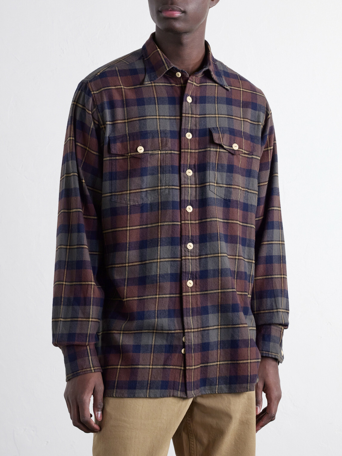 Drake's - Brushed Checked Cotton-Flannel Shirt - Brown