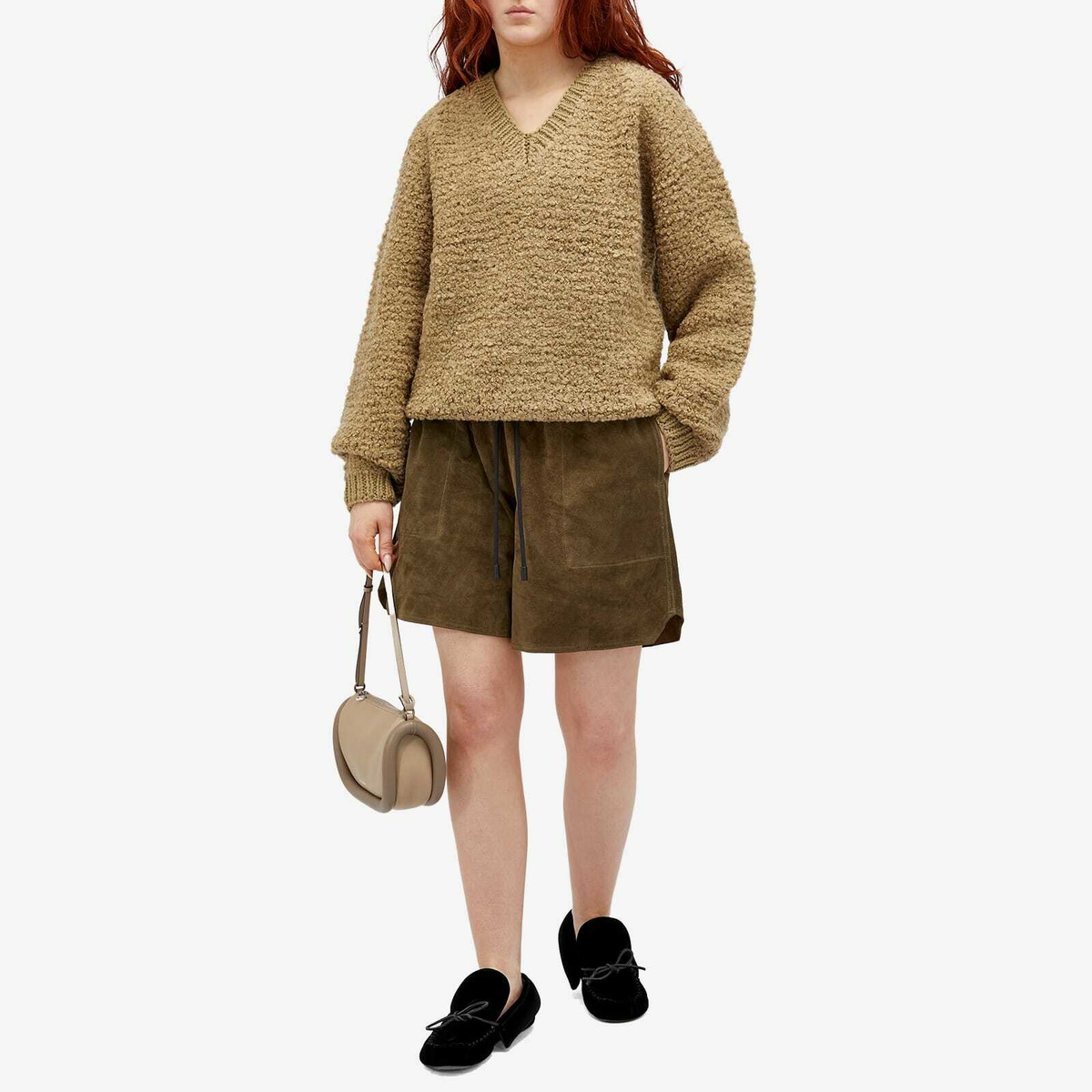 JW Anderson Women's Boucle V Neck Jumper in Flax JW Anderson JW Anderson Women's Boucle V Neck Jumper in Flax JW Anderson