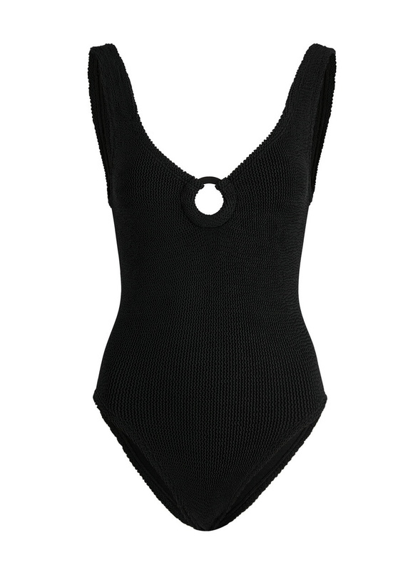 Photo: Hunza G - Celine Cut-Out Seersucker Swimsuit, Black, One Size, V-Neck, Cut-Out Ring Detail, Machine Wash, Hunza G Black Swimsuit