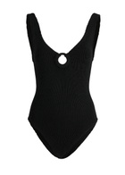 Hunza G - Celine Cut-Out Seersucker Swimsuit, Black, One Size, V-Neck, Cut-Out Ring Detail, Machine Wash, Hunza G Black Swimsuit