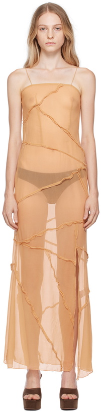 brown maxi dress sleeveless Brown Satin Sleeveless Maxi Dress with Lace Trim XS