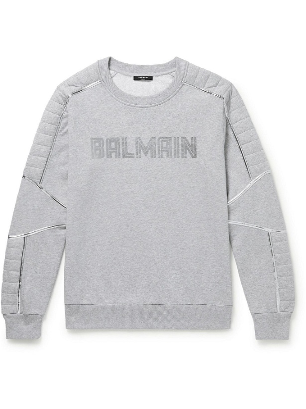 Photo: Balmain - Metallic-Trimmed Logo-Print Quilted Cotton-Jersey Sweatshirt - Gray