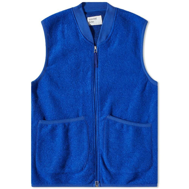 Photo: Universal Works Men's Wool Fleece Zip Waistcoat in Blue