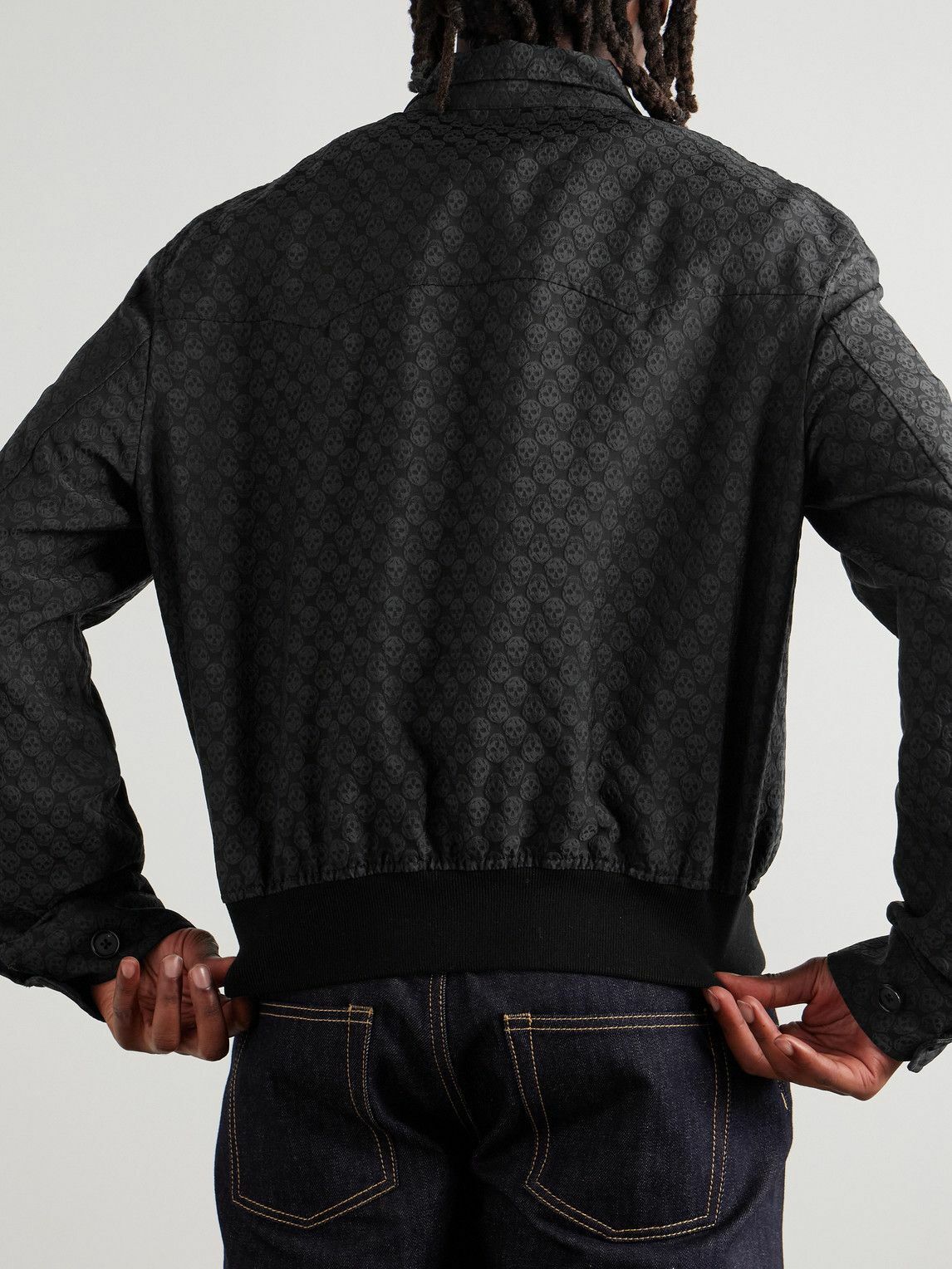 McQueen - Cropped Printed Twill Harrington Jacket - Black