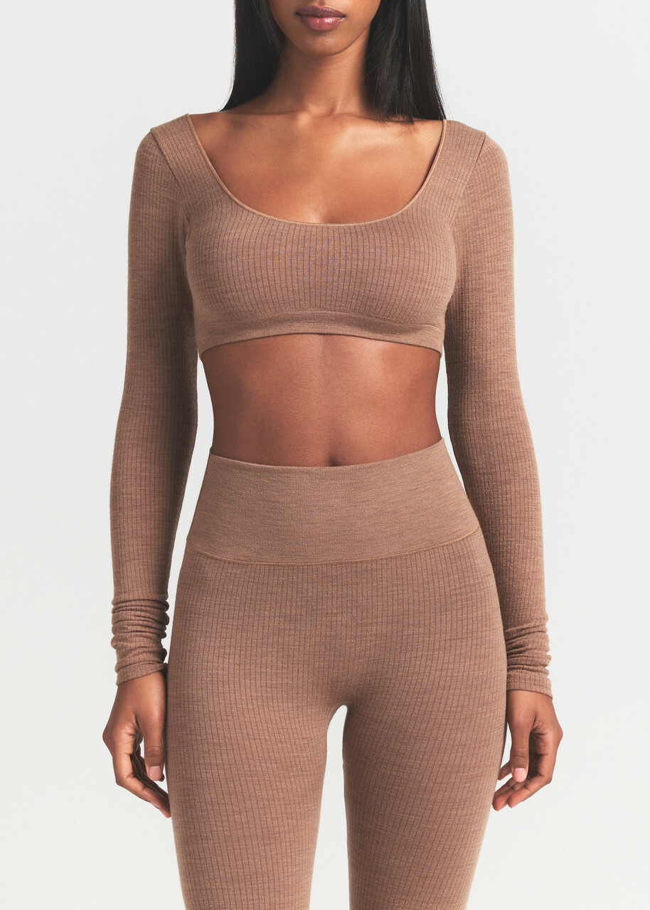 Skims Cropped Ribbed Wool-blend top Light Brown