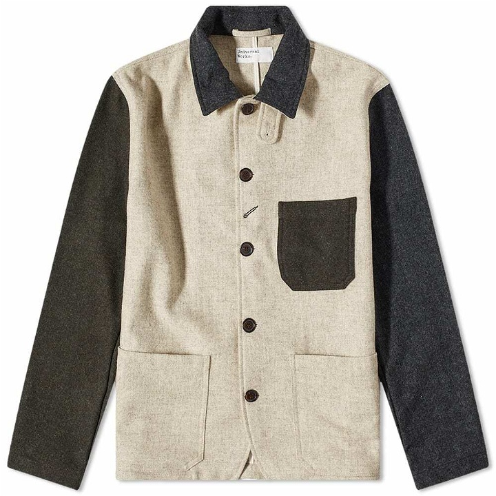 Photo: Universal Works Men's Melton Wool Bakers Chore Jacket in Charcoal/Stone