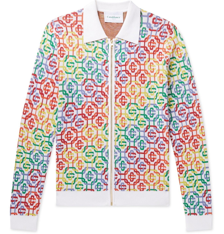 Photo: Casablanca - Slim-Fit Logo-Jacquard Cotton Zip-Up Cardigan - Multi