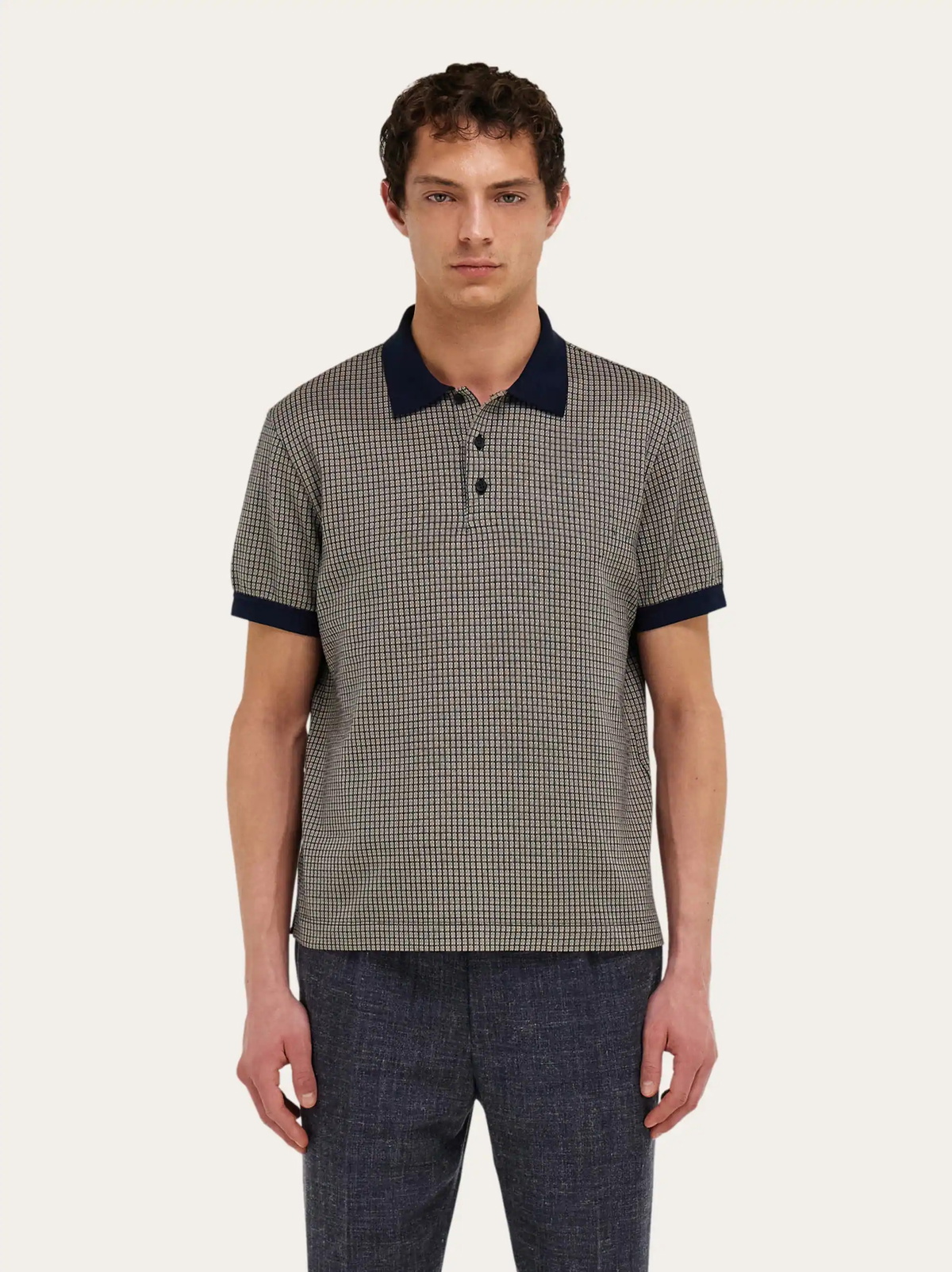 Ferragamo Mens Short sleeve micro check polo in Blue