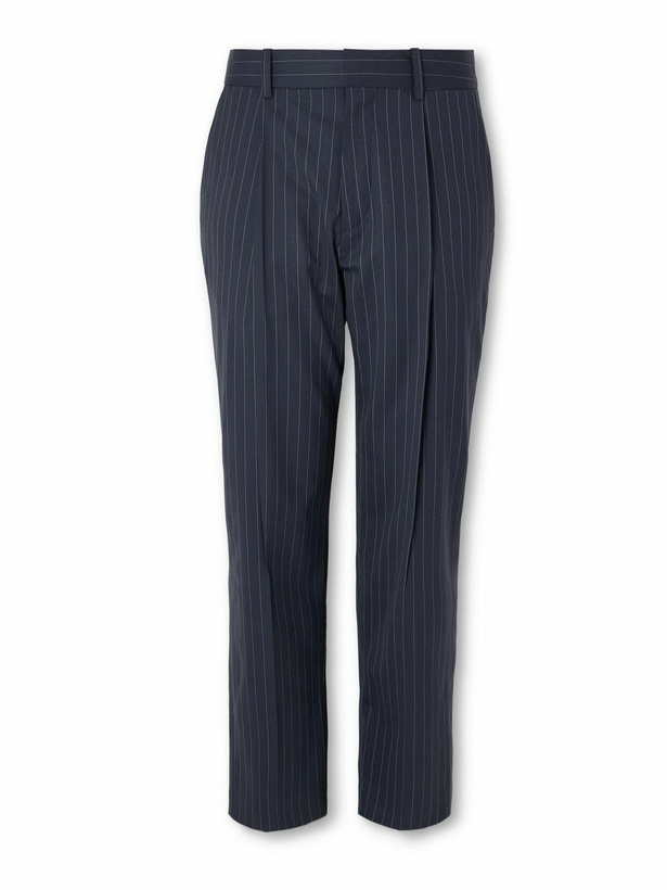 Photo: Balmain - Tapered Cropped Pleated Pinstriped Wool-Blend Trousers - Black