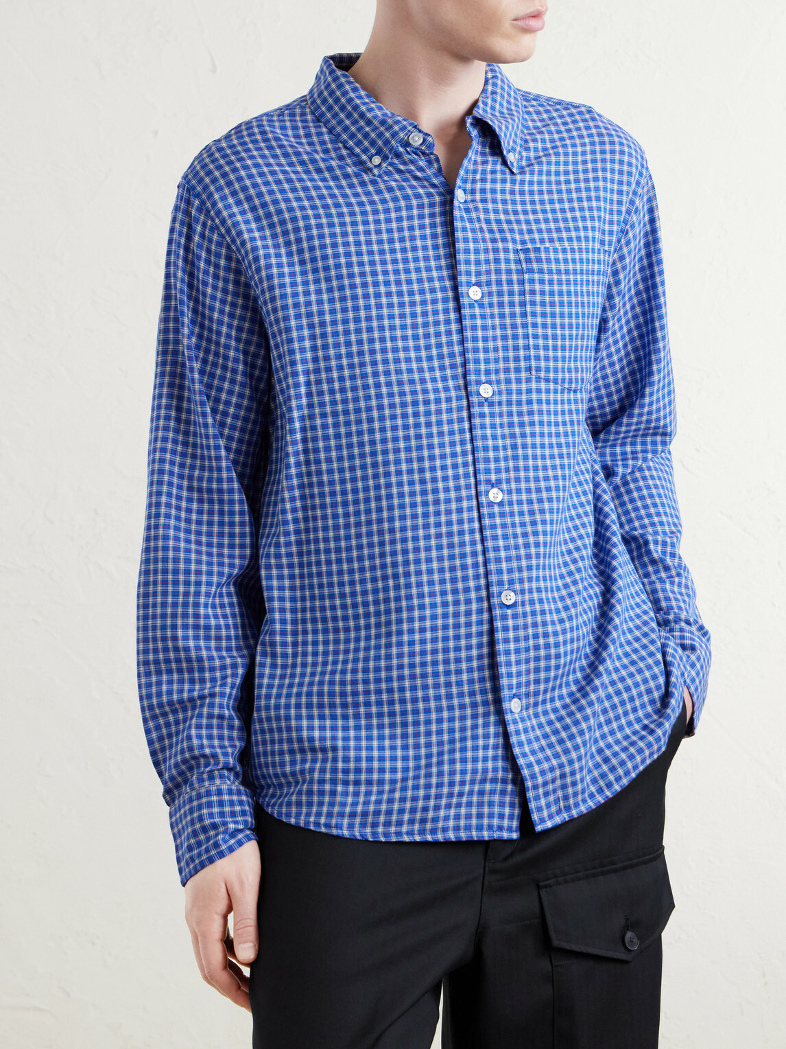 Corridor - Bruce Button-Down Collar Checked Cotton-Blend Poplin Shirt - Blue