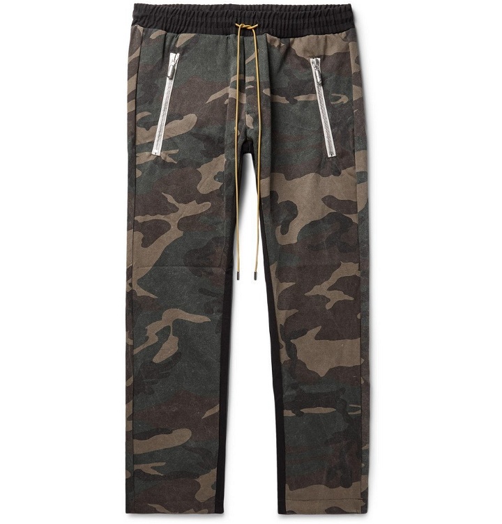 Photo: Rhude - Tapered Camouflage-Print Cotton- Jersey Drawstring Trousers - Army green
