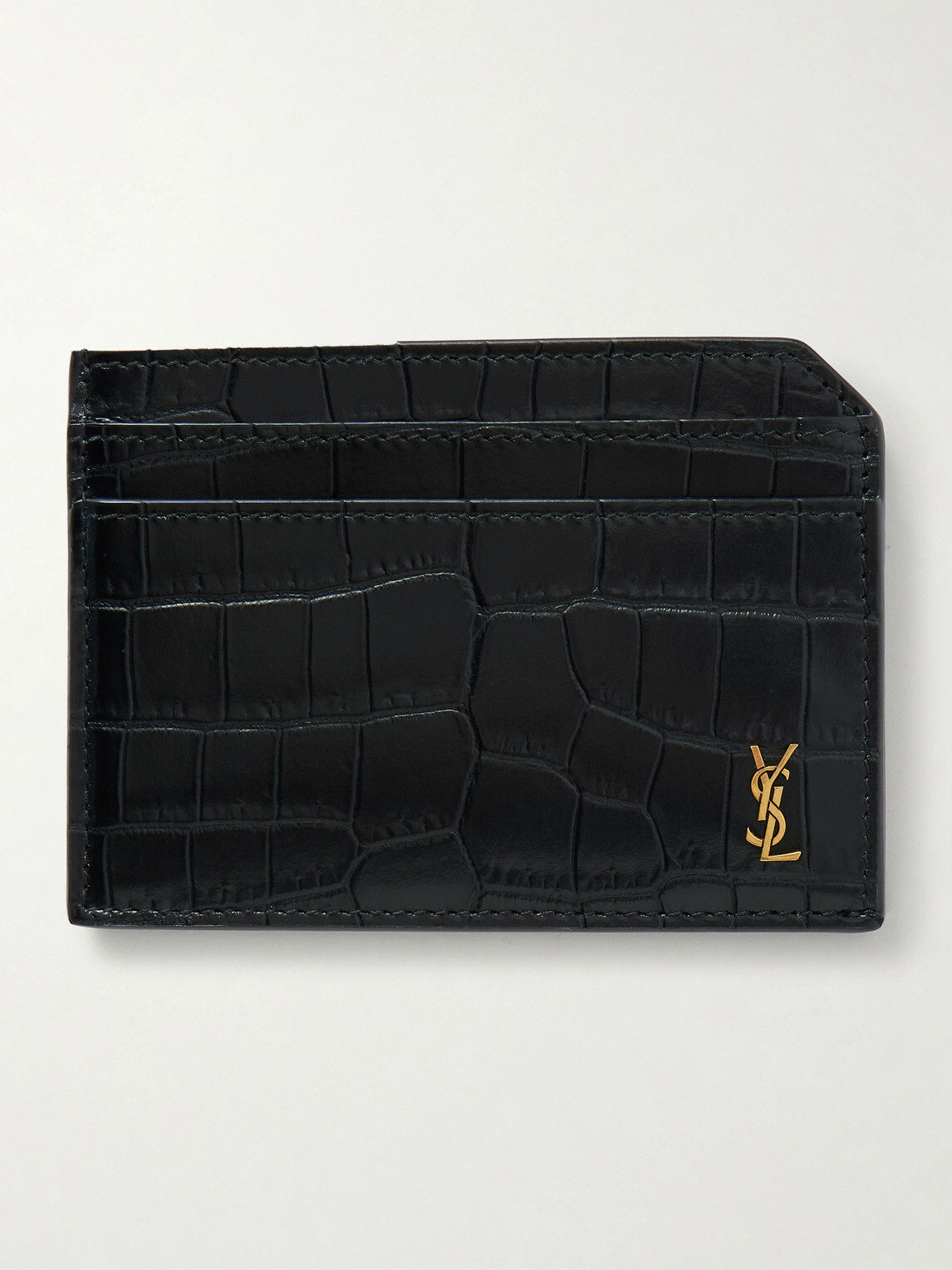SAINT LAURENT - Tiny Cassandre Logo-Appliquéd Croc-Effect Patent-Leather Cardholder