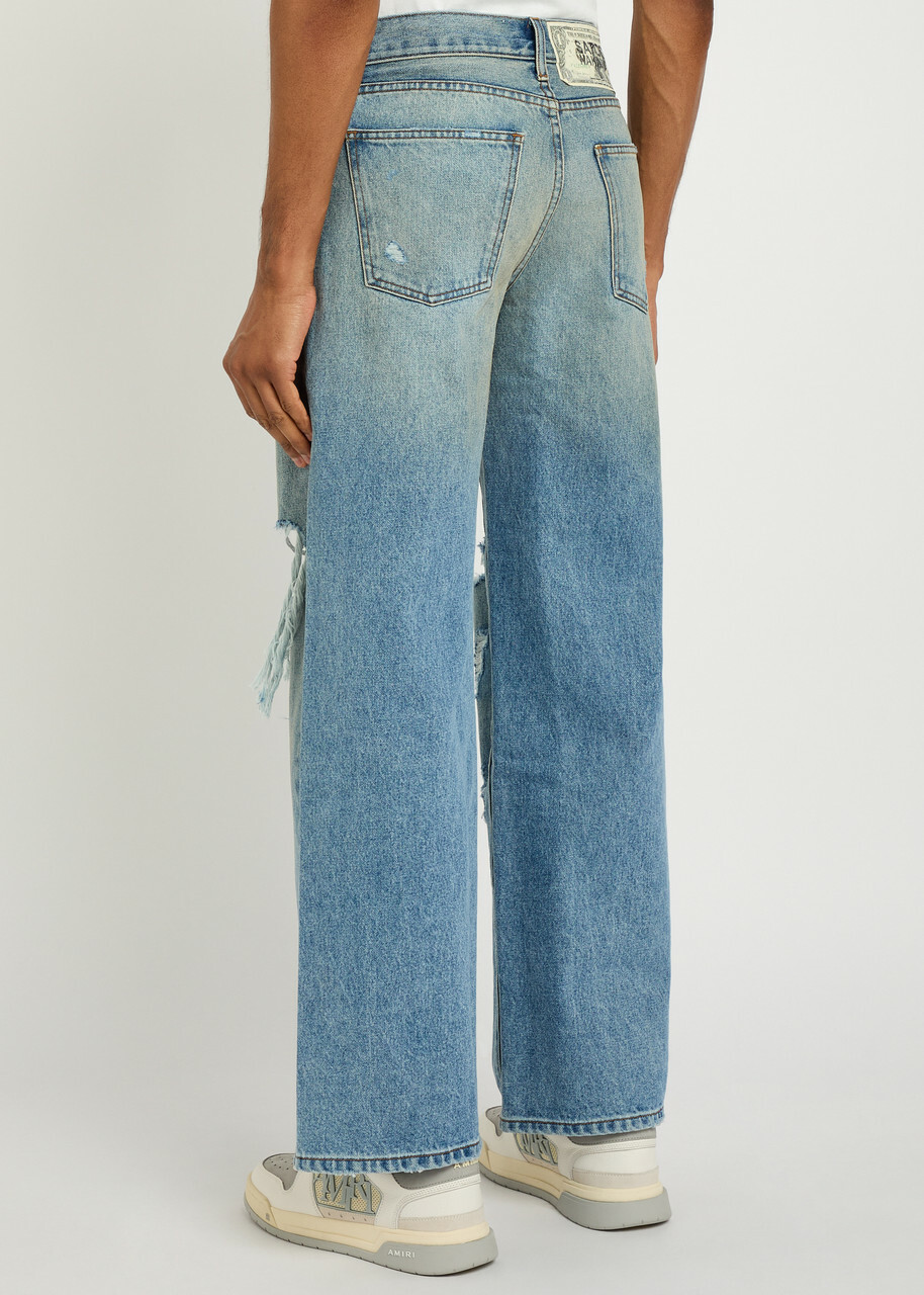 Satoshi Nakamoto Blessed To Be Stressed Distressed Wide-leg Jeans Blue