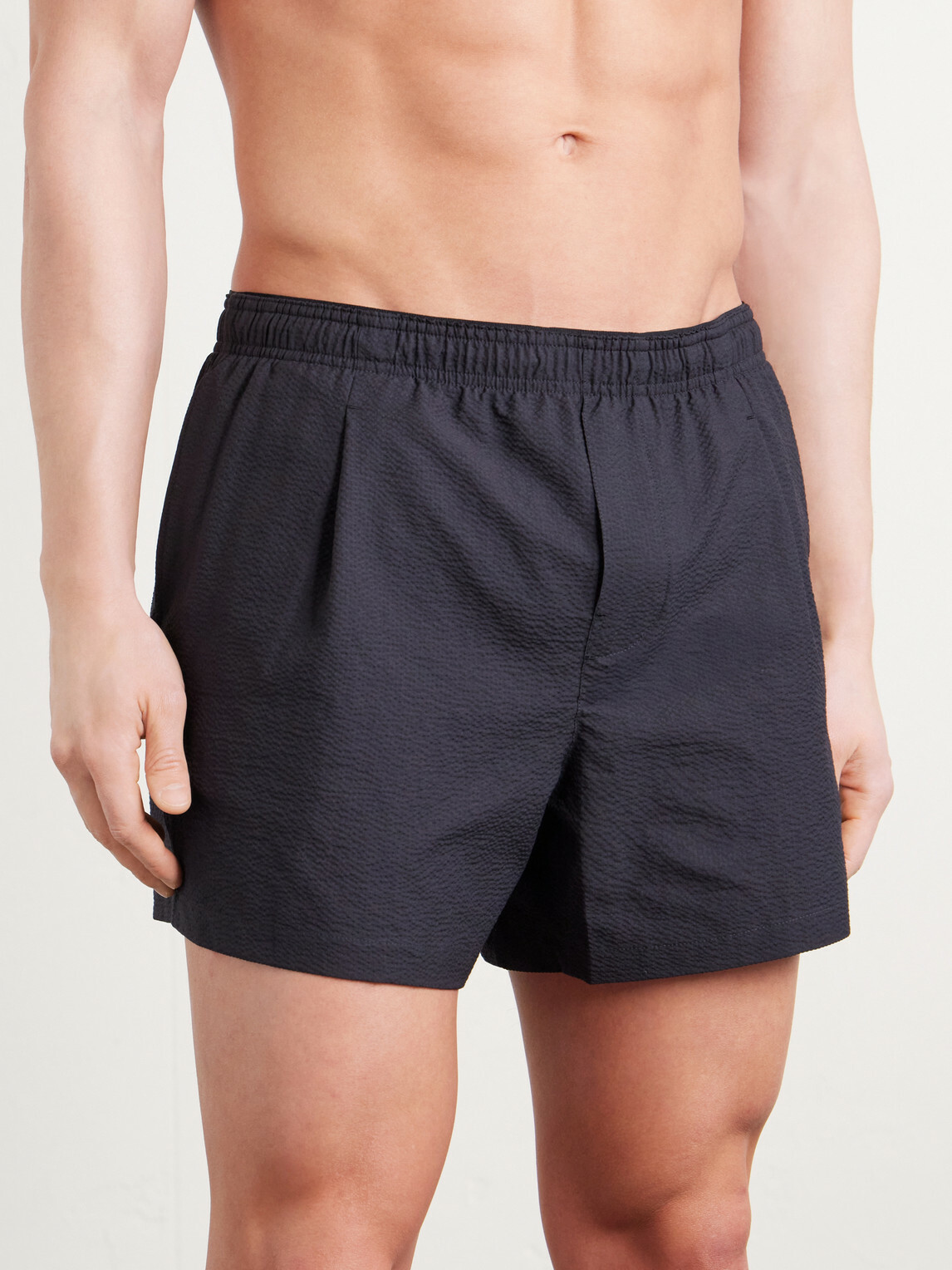 Our Legacy - Boxer Trunk Straight-Leg Mid-Length Seersucker Swim Shorts - Black