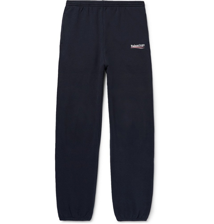 Photo: Balenciaga - Tapered Logo-Print Fleece-Back Cotton-Blend Jersey Sweatpants - Men - Navy
