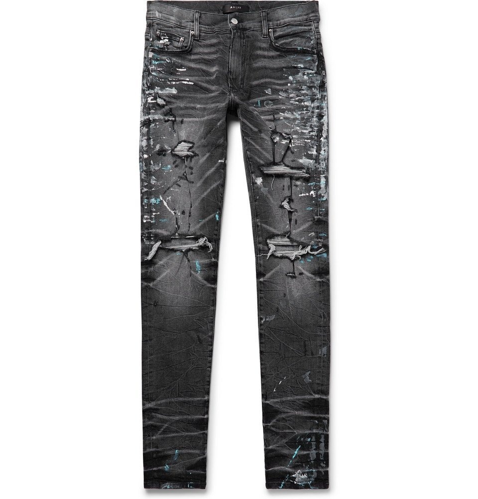 AMIRI - Skinny-Fit Distressed Paint-Splattered Stretch-Denim Jeans ...