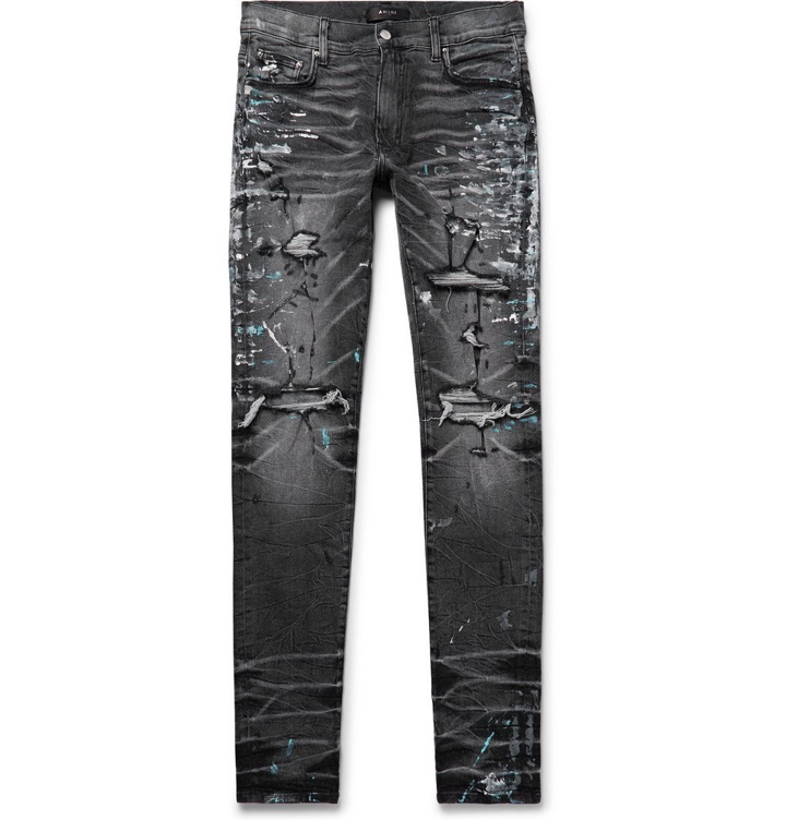 Photo: AMIRI - Skinny-Fit Distressed Paint-Splattered Stretch-Denim Jeans - Charcoal