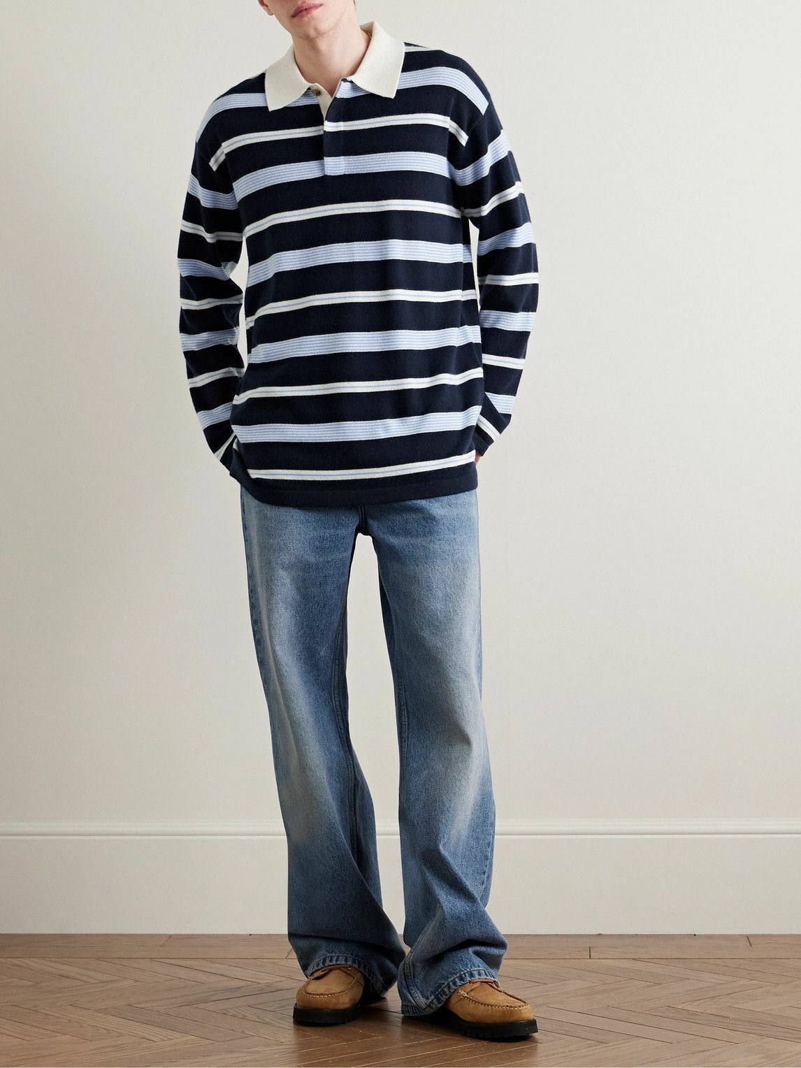 Guest In Residence - Striped Cashmere Polo Shirt - Blue