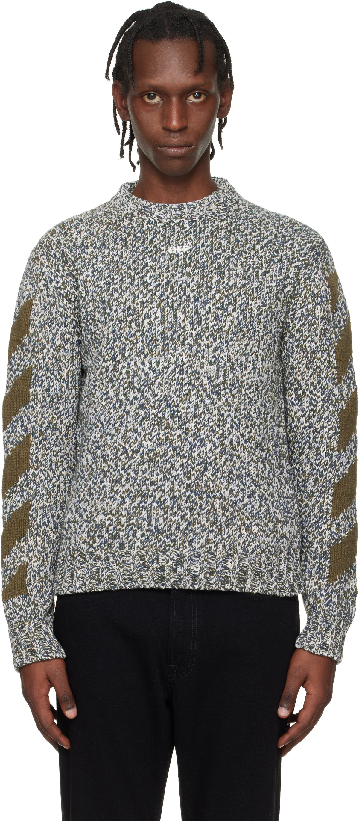 Off-White Gray & Khaki Diagonal Arrow Mouliné Knit Crewneck Sweater