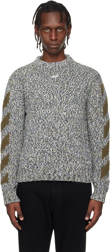 Photo: Off-White Gray & Khaki Diagonal Arrow Mouliné Knit Crewneck Sweater