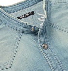 Balmain - Slim-Fit Grandad-Collar Logo-Embroidered Distressed Denim Shirt - Light denim