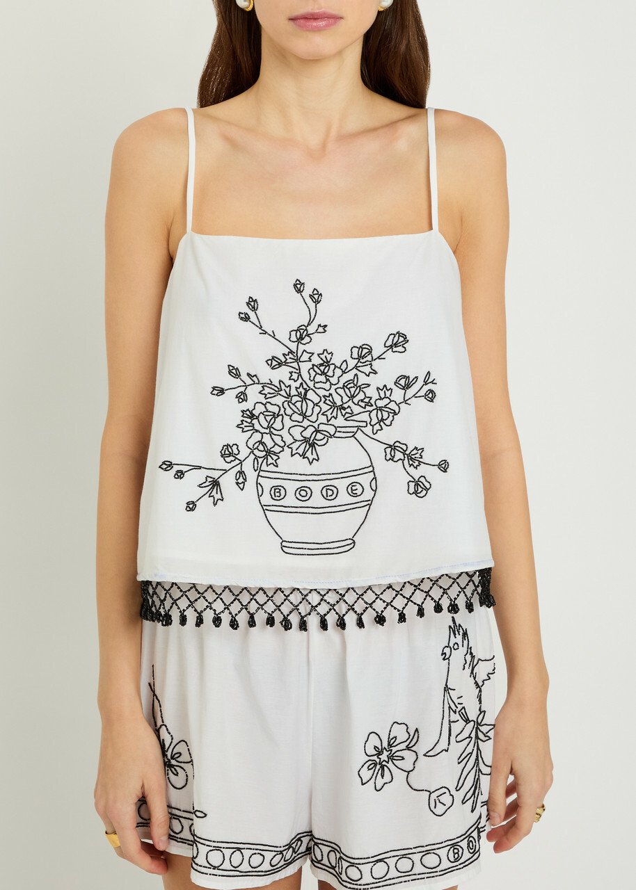 Bode Rosebloom Bead-embellished Cotton and Silk-blend Tank White