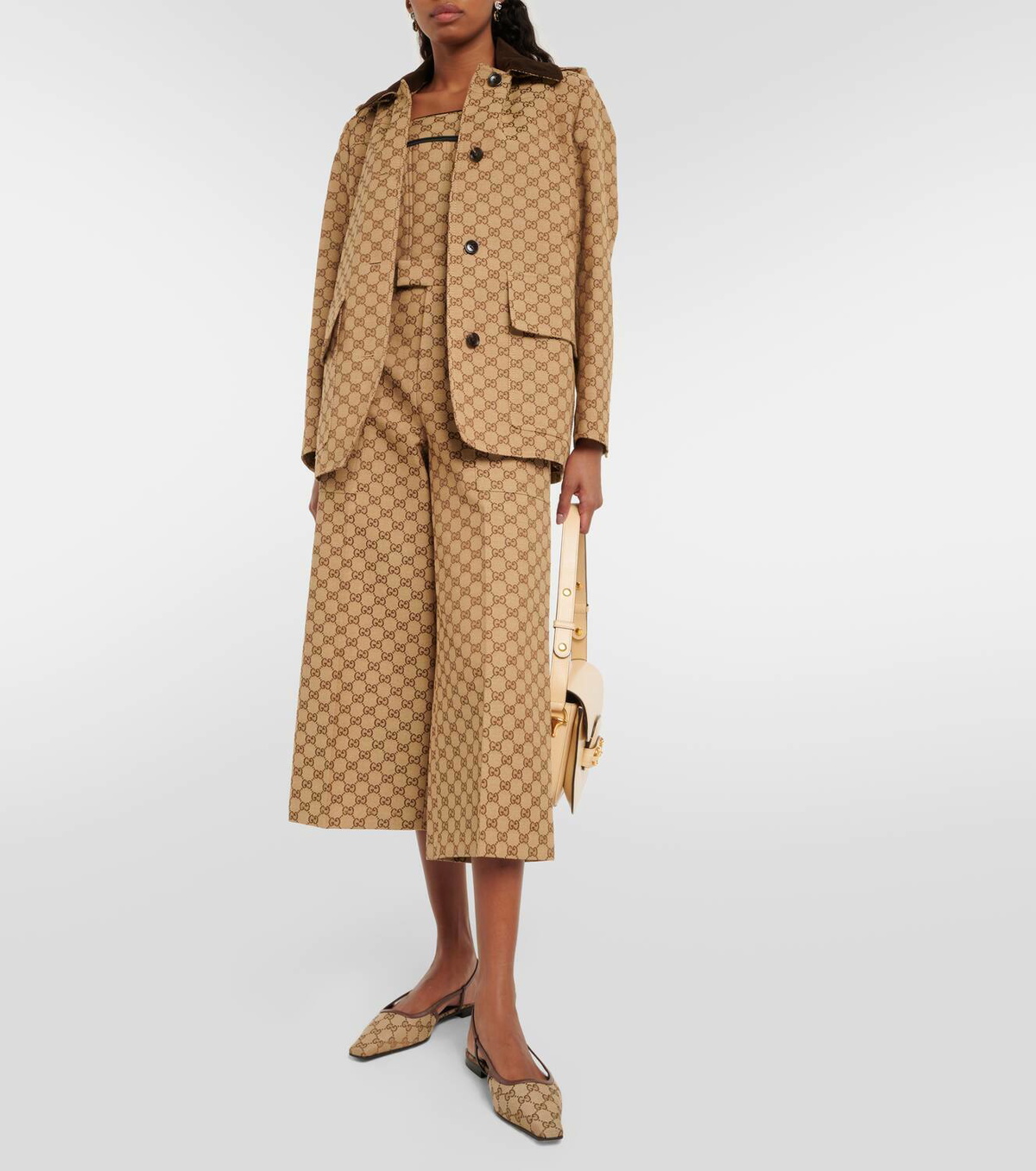 Gucci GG leather-trimmed slingback flats