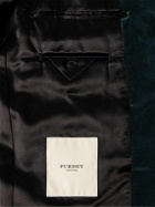 Purdey - Estate Mandarin-Collar Leather-Trimmed Cotton-Velvet Tuxedo Jacket - Green