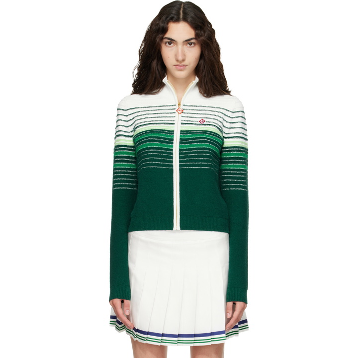 Photo: Casablanca White & Green Boucle Stripe Zip‑Up Track Jacket