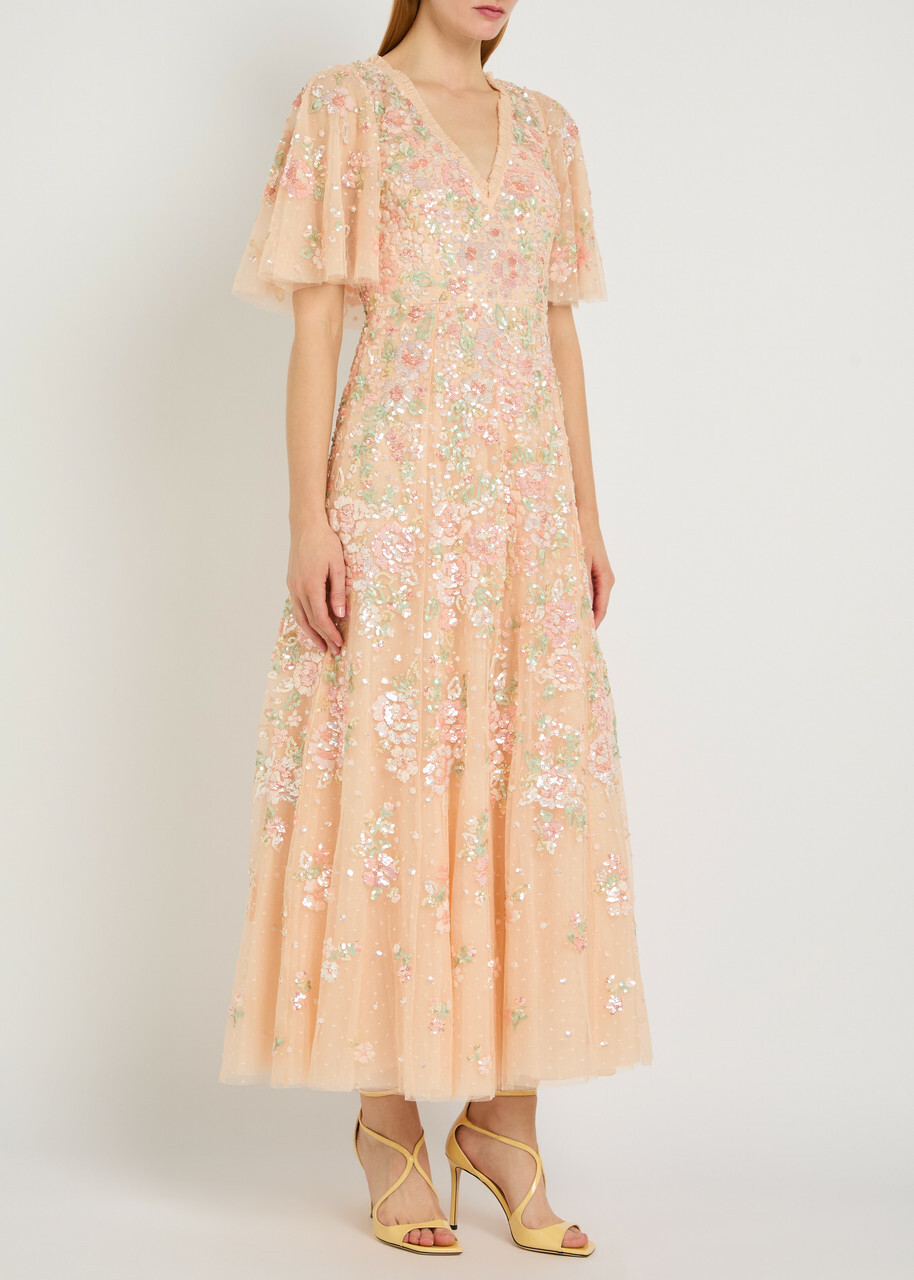 Needle & Thread Sequin Bouquet Embellished Cape-effect Tulle Gown Pink