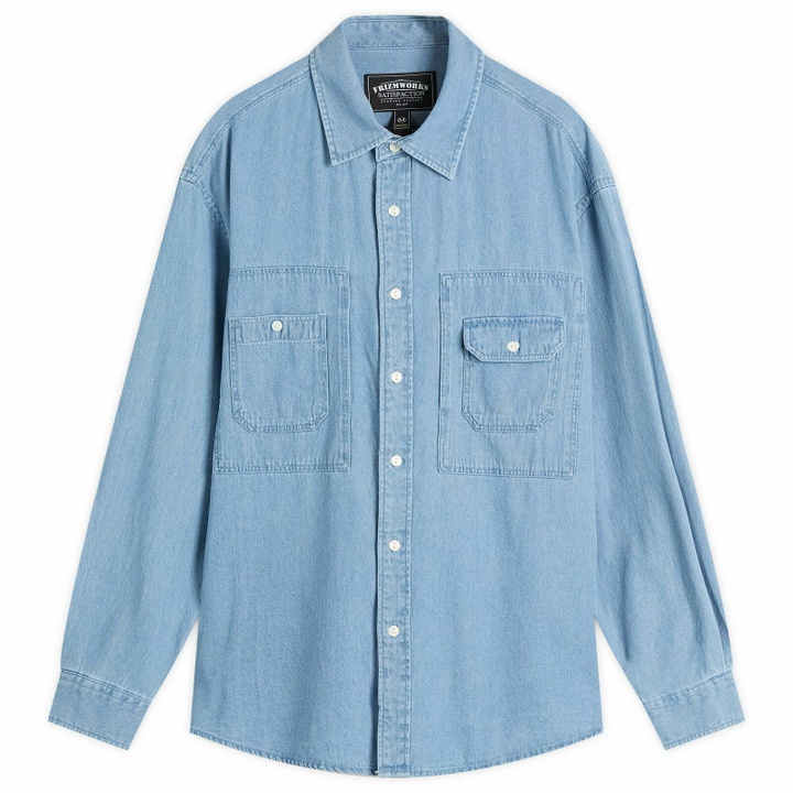 Photo: FrizmWORKS Men's Bleach Denim Utility Shirt in Mid Blue