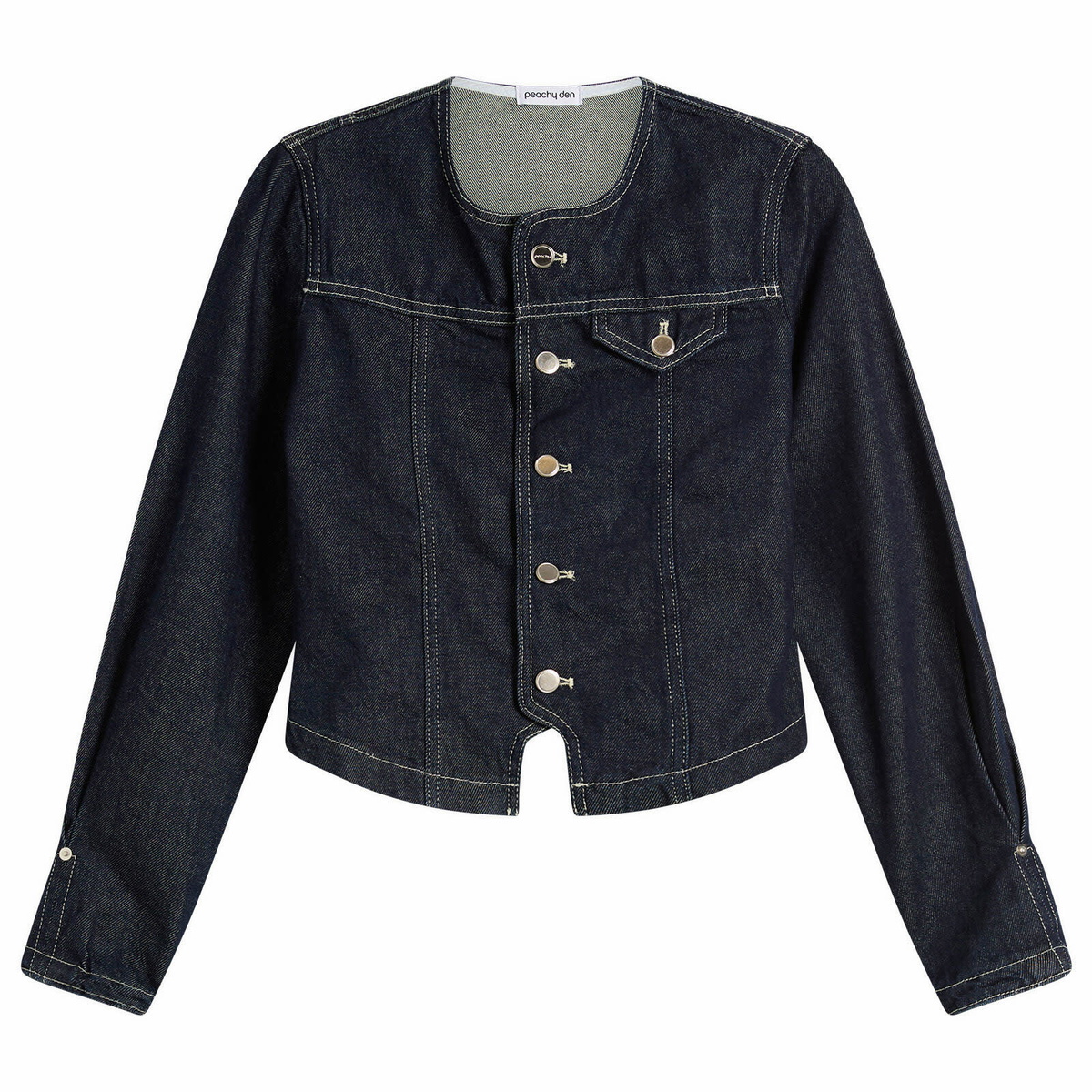 Peachy Den Women's Goldie Collarless Denim Jacket in Indigo Rinse