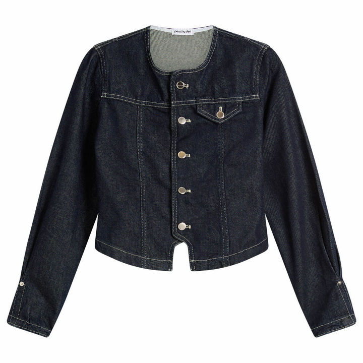 Photo: Peachy Den Women's Goldie Collarless Denim Jacket in Indigo Rinse