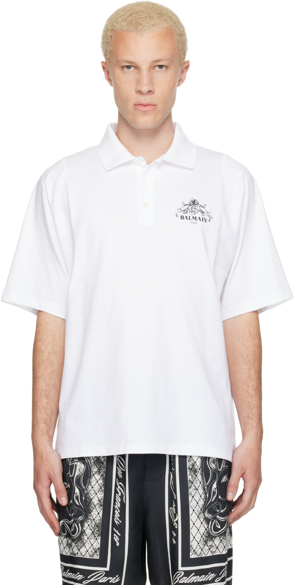 BALMAIN White Printed 'Balmain Vine' Polo