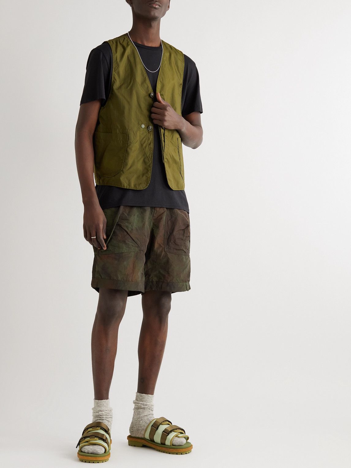 Norbit by Hiroshi Nozawa - Crinkled Tie-Dye Nylon Cargo Shorts - Green