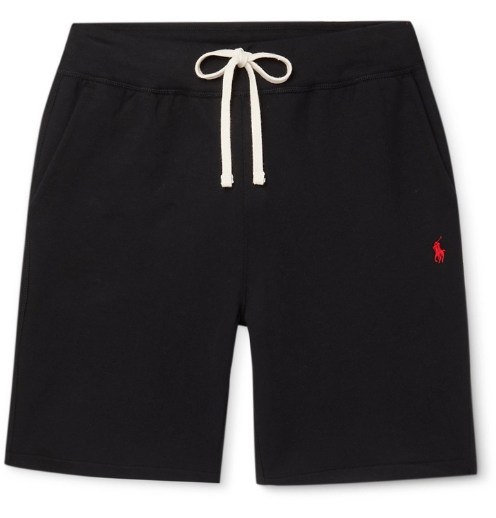 Photo: POLO RALPH LAUREN - Logo-Embroidered Fleece-Back Cotton-Blend Jersey Drawstring Shorts - Black