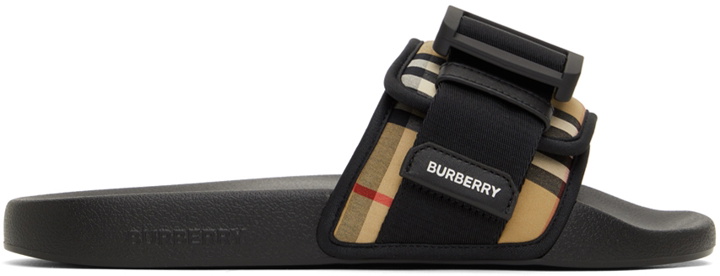 Photo: Burberry Beige & Black Buckled Strap Slides