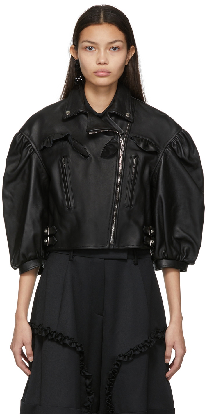 Parka Collection Simone Rocha Simone Rocha Black Cropped Biker Leather Jacket Simone Rocha