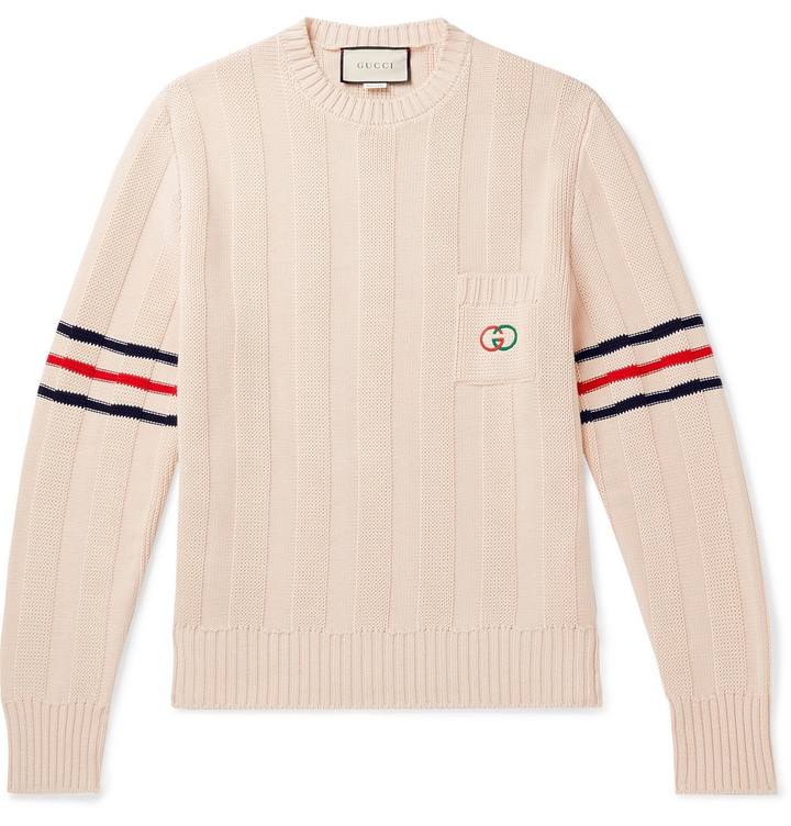 Photo: Gucci - Striped Logo-Embroidered Cotton Sweater - Neutrals